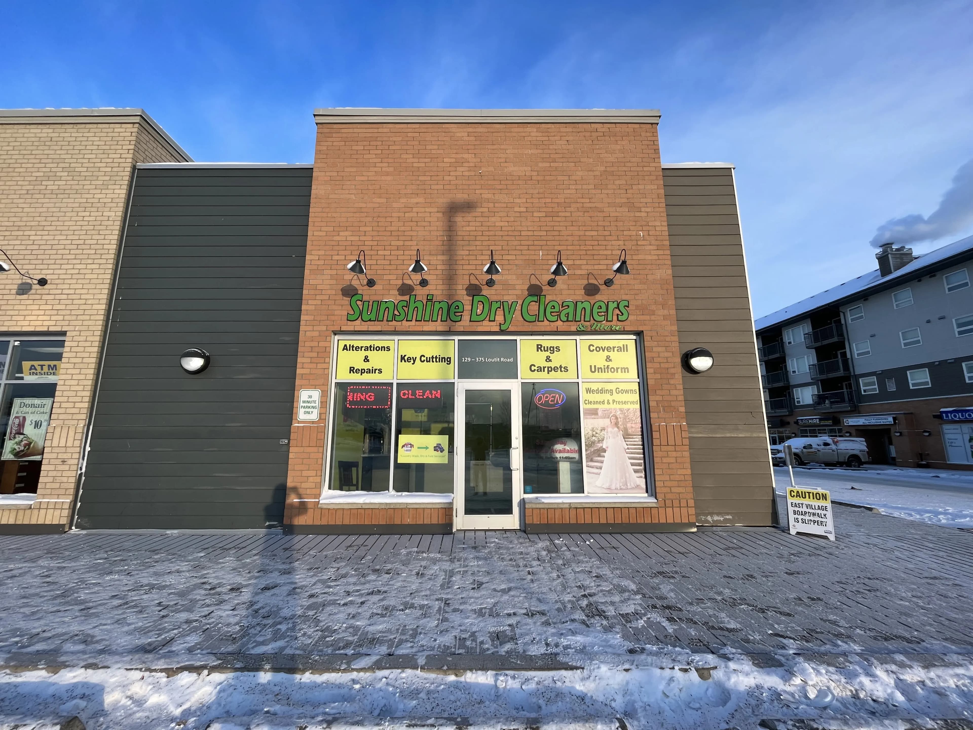Sunshine Dry Cleaners professional storefront in Fort McMurray offering dry cleaning, alterations, hemming, and sewing services in Wood Buffalo