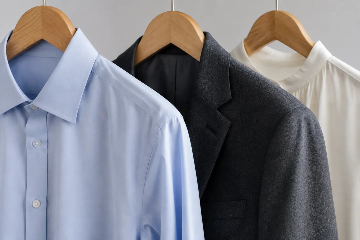 Illustrative image of a pressed shirt, wool blazer and blouse