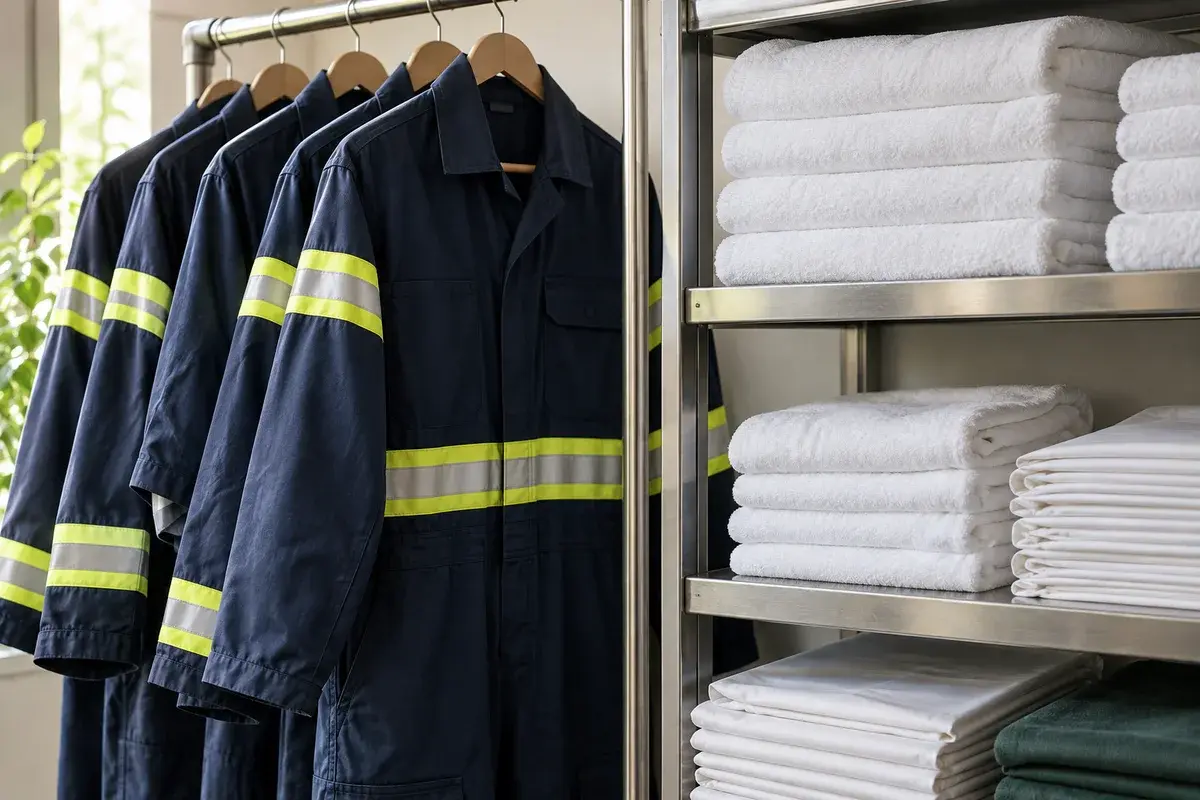 Navy industrial coveralls beside folded towels and table linens