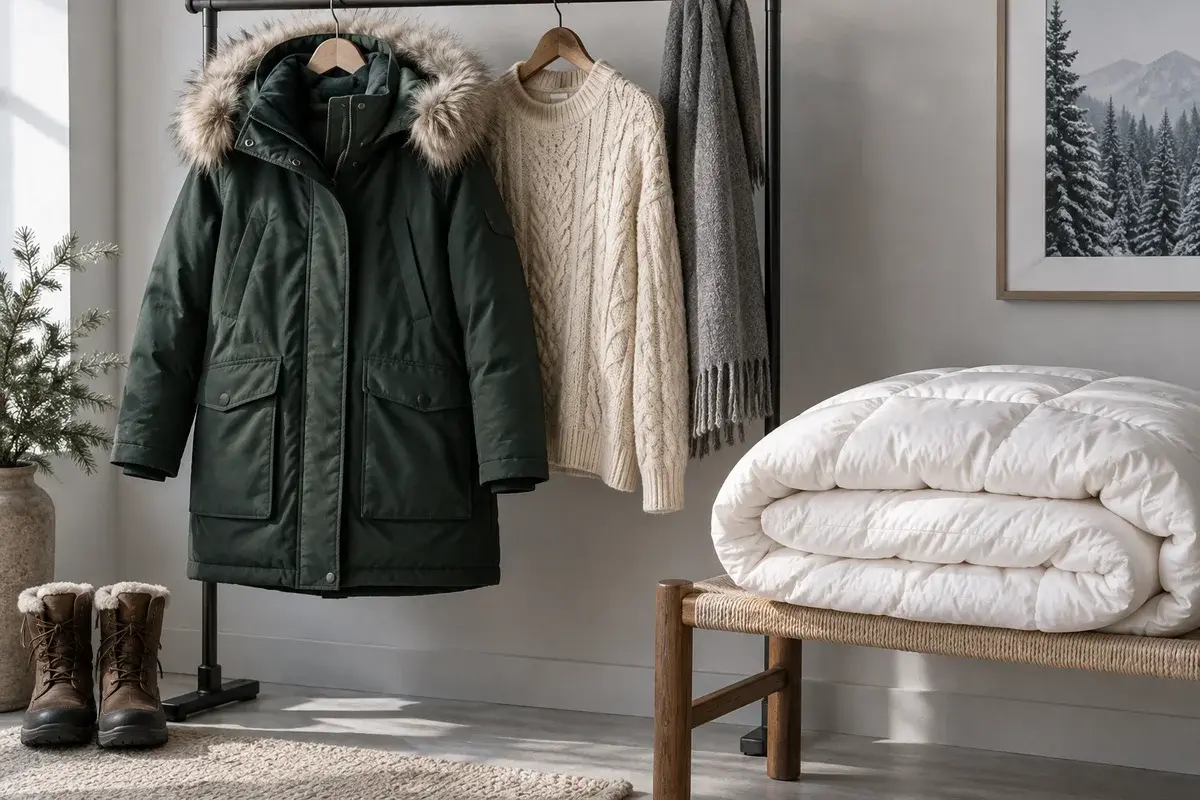 Winter parka, knit sweater and folded duvet