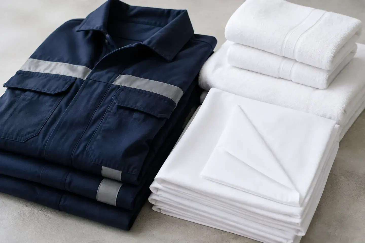 Illustrative image of folded navy workwear, white linen and towels